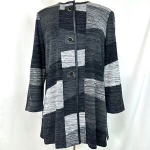 MING WANG Gray Black Colorblock Cardigan Faux Leather Trim Women's M Modern Chic